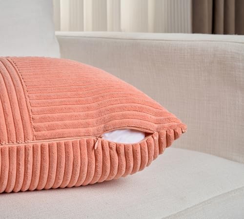 Fancy Homi 2 Packs Coral Samll Decorative Throw Pillow Covers 14x14 Inch with for Couch Bed Sofa, Rustic Farmhouse Boho Home Decor, Soft Corss Patchwork Corduroy Square Peach Cushion Case 35x35 cm - Image 4
