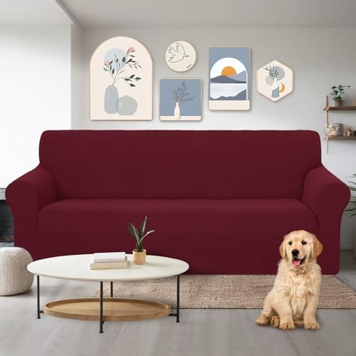 U-NICE HOME Stretch Couch Cover Slipcover for 3 Cushion Sofa, Burgundy - Image 2