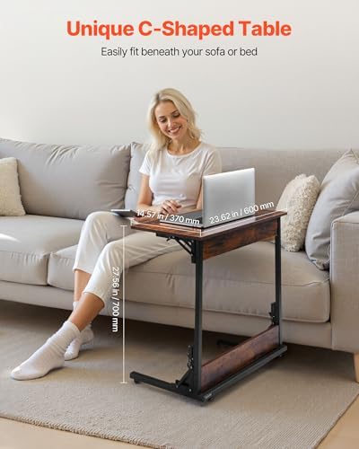 VEVOR C Table, Folding C Shaped End Table with Metal Frame & Adjustable Feet, Foldable C Shaped Side Table for Living Room Bedroom Office, 23.62 x 14.57 x 27.56 inch TV Tray, Brown and Black - Image 4