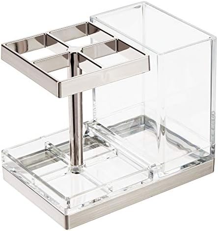 mDesign Plastic Toothbrush and Toothpaste Storage Organizer Holder - Home Decor for Bathroom Countertop - Holds Toiletries and Beauty Accessories - Lumiere Collection - Clear/Brushed - Image 7