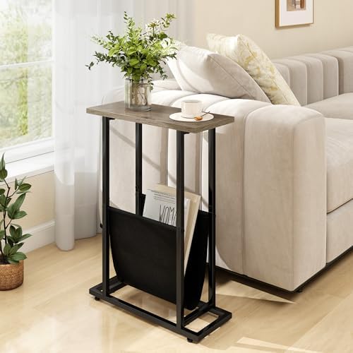 Acovy Narrow Side Table for Small Place,Metal Table with PU Leather Bag,Slim Nightstand for Reading Or Storage,Sofa Side Table for Living Room,Bedroom,Gery - Image 2