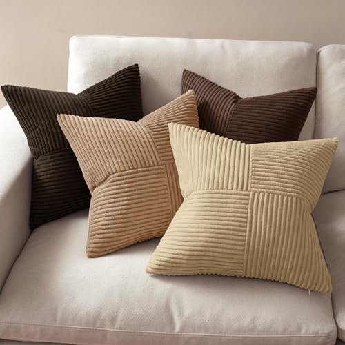 MIULEE Boho Decorative Throw Pillow Covers 18x18 Set of 4 Farmhouse Neutral Cushion Cases Gradient Corduroy Pillow Cases Modern Soft Corduroy Patchwork Home Decor for Couch Sofa Bedroom Dark Brown - Image 3