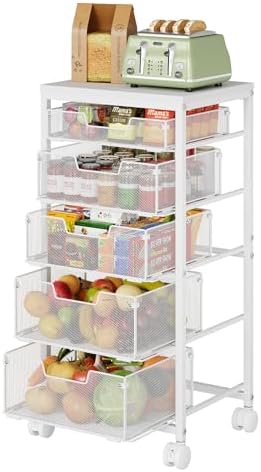 Kitchen Storage Cart with Wheels, 5-Tier Fruit Vegetable Storage Cart, Kitchen Organizer and Storage Cart with Drawers, Wooden Top Metal Wire Pantry Storage Cart for Fruit Snack Onion Potato, White by FollowWithYociyogaTogether