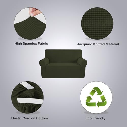 H.VERSAILTEX Stretch Couch Cover Loveseat Covers for 2 Cushion Couch Sofa Slipcover for Love Seat 1 Piece with Elastic Bottom, Checked Jacquard Fabric(Loveseat 58"-70" Wide, Olive) - Image 4