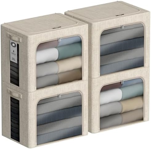 4 Pack Clothes Storage Bins with Metal Frame - 36L Stackable Storage Box with Lid，Foldable Storage Container Organizer for Clothes，Linen Fabric Storage Box with Clear Window＆Zippers＆Handles by Chizjox