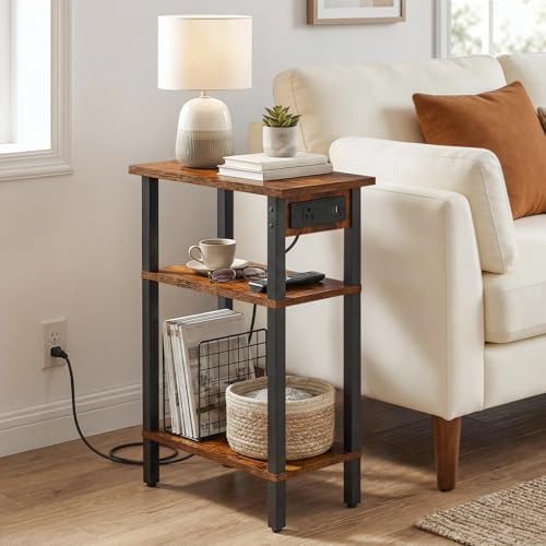 HOOBRO Narrow Side Table, Set of 2, 3-Tier Slim End Table with Charging Station, Skinny Nightstand with Open Storage, for Small Spaces, Living Room, Bedroom, Study, Rustic Brown and Black BF340UBZP201 - Image 5