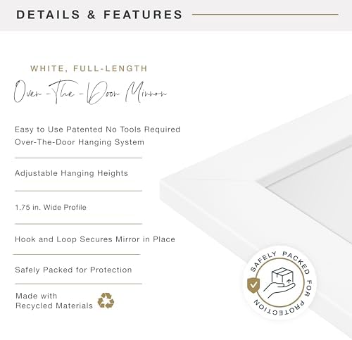 MCS 14.7x50.7 Matte White Over The Door Mirror, Full Length Hanging Mirror for Bedroom & Bathroom Doors, Lightweight Design with Patented No Tools Required Hanging System - Image 5