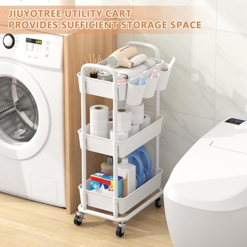 JIUYOTREE 3-Tier Plastic Rolling Storage Cart Utility Cart with Extra Hanging Cups Handles Lockable Wheels for Living Room Bathroom Kitchen Office White - Image 5