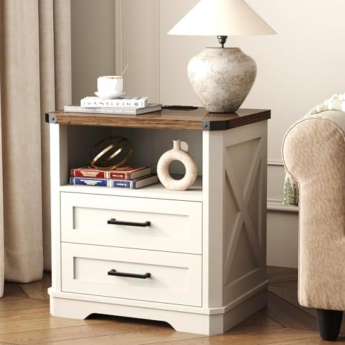 Yusong 23.62” Tall Farmhouse Nightstand, Rustic Wooden Night Stand with Charging Station, Beside Table with Drawers and Open Storage, End Tables for Bedroom, Cream White 003 - Image 3