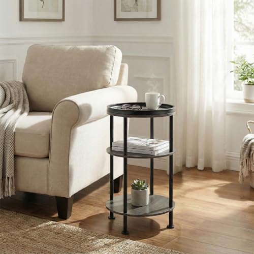 Small Round Side Table, Rustic Grey End Table with Tray Top, 3-Tier Greige Nightstand for Living Room & Bedroom, 11.8" Narrow Corner Table, 21.7" H Industrial Accent Furniture for Small Spaces, Grey - Image 2