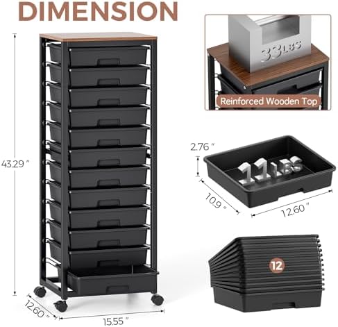 SYKIARIOL Rolling Cart with 12 Drawers,Black - Image 2
