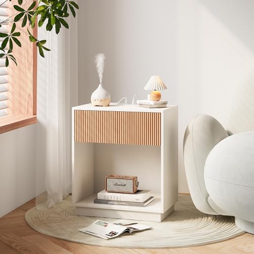 End Table with Charging Station, Fluted Nightstands Set of 2,Modern Bedside Table with Drawer and Storage Shelf, Wood End Table Mid Century Night Stands for Bedroom Living Room(White+Oak) - Image 6
