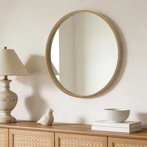 WallBeyond Round Mirror with Wood Frame, 28" Circle Modern Decoration Large Home Decor Mirror for Bathroom Living Room Bedroom Entryway (28" Diameter, Natural Wood) - Image 3
