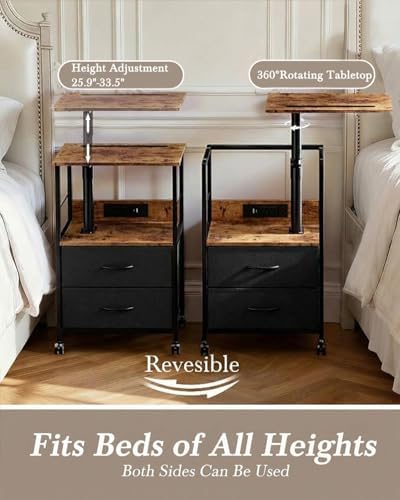 Faesun Swivel Lift Top Nightstand with Charging Station, Rolling Side Table for Recliner, Bedside Table with Wheels & 2 Fabric Drawers, for Small Spaces, for Bedroom, Living Room, Brown Black - Image 3