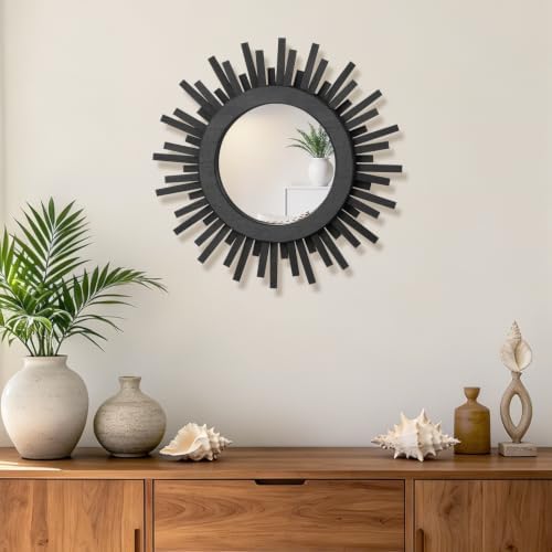 12 Inch Boho Sunburst Mirror, Round Wooden Wall Decor Starburst Sun Mirror for Bedroom, Living Room, Bathroom, Hallway, Balcony, Farmhouse Entryway, Housewarming Gift（Black - Image 2