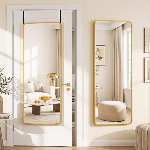 Suidia Full Length Mirror Over the Door&Wall Mounted, 58"x19" Door Mirror with Aluminum Alloy Frame, HD Shatterproof, No-Drill, Hanging Mirrors for Bedroom, Bathroom, Dorm, Closet, Rounded Rect, Gold by SuidiaMirror