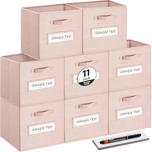 Fabric storage cubes (Set of 8) 11 Inch Cube Storage Bin, Cube storage with 8 Labels Window Cards & a Pen, Foldable cube organizer bins,11x11 Storage bin, Cubby Organizer Boxes, Pink by Artsdi