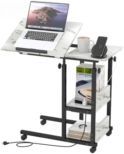 Hadulcet Adjustable C Table with Charging Station, Tiltable Desk C Shaped End Table for Couch, Over Bed Table with Wheels Adjustable Height, Hospital Table Laptop Stand Drawing Desk, Marble White by Hadulcet