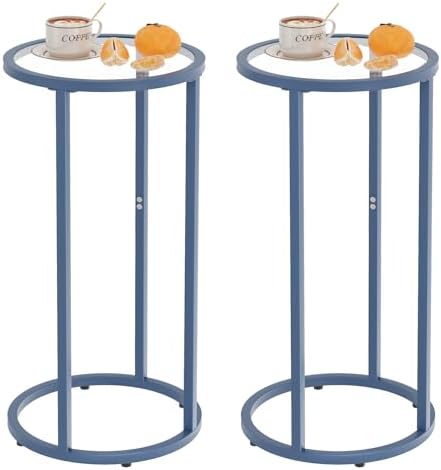 C Table Side End Table,Glass Couch Table Set of 2, Round Sofa End Table with Metal Frame, Small Snack Table for Living Room, Bedroom, Small Spaces, Easy Assembly (Blue,2pcs) by Easy+Paws
