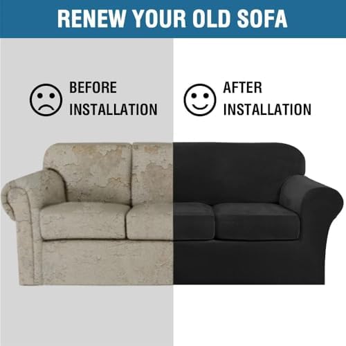 H.VERSAILTEX High Stretch Sofa Slipcover 4 Piece Cover Velvet Furniture Protector Form Fit Thick Velvet Extra Large Sofa Cover for 3 Cushion Couch Width Up to 97 Inch (Large Sofa, Jet Black) - Image 7
