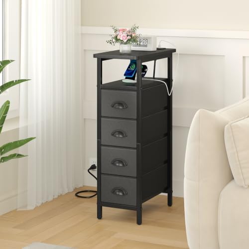 sthmec Side Table with Charging Station, Narrow End Table with 4 Drawers, Small Nightstands with Fabric Drawers,Slim Sofa Couch Side Tables for Small Spaces,Living Room,Bedroom, Black - Image 2