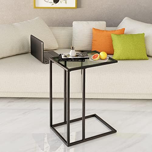 C Shaped End Table,Small Sofa Couch Side Table, Tempered Glass Snack TV Tray Table with Metal Frame for Small Space,Living Room, Bedroom, Bedside,Modern Style, Black, - Image 6