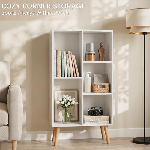 YAHARBO Small White Bookshelf,3 Tier Modern Kids Bookcase with Legs,5 Cube Wooden Bookshelves Storage Shelf,Book Shelves Organizer,Display Bookcases Cabinet for Room Nursery Study - Image 5