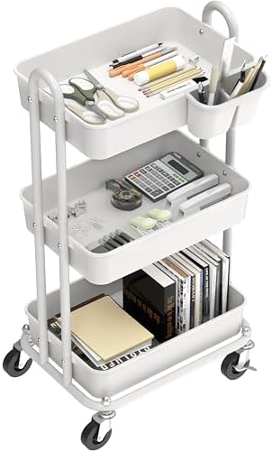 Simple Houseware 3-Tier Rolling Utility Cart with Hanging Bucket, White - Image 2
