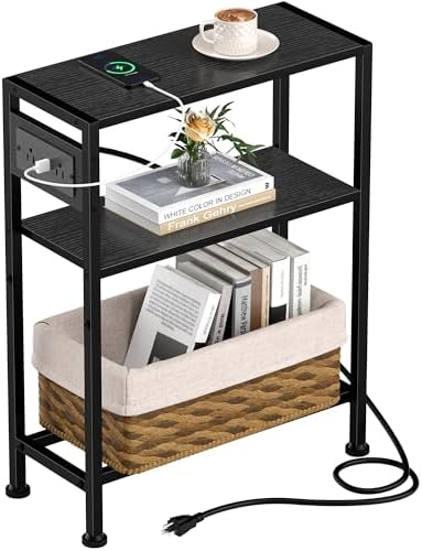 Small Narrow Side Table with Charging Station, Skinny End Table for Small Spaces, Slim Nightstand with Outlets, Sofa Bedside Table in Living Room, Bedroom, Study, Kitchen and Balcony(Black) by HOME