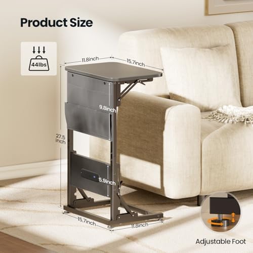 HLDIRECT C Shaped End Table with Charging Station & Storage Bag Gray - Image 3