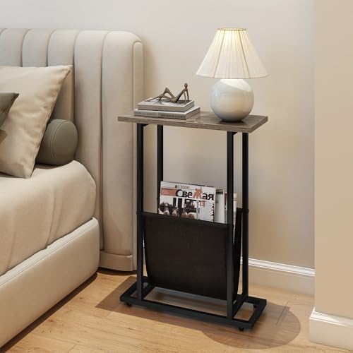 Acovy Narrow Side Table for Small Place,Metal Table with PU Leather Bag,Slim Nightstand for Reading Or Storage,Sofa Side Table for Living Room,Bedroom,Gery - Image 7