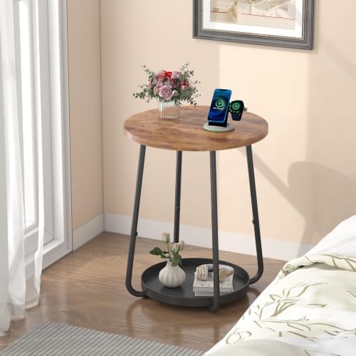 sthmec Small Round Side End Table with Storage, 2 Tier Round Bedside Sofa Couch Coffee Tables with Tray, Metal Nightstand for Small Spaces, Living Room Bedroom, Rustic Brown - Image 5