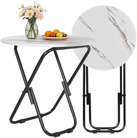 VECELO Patio Outdoor Side Table Set of 2,17.7 inch Small Folding Table Round Waterproof Wood Table,Foldable Anti-Rust Metal Legs Snack Desk for Garden Balcony,Yard,Living Room - Image 4