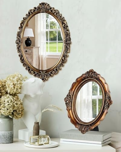 Wonderjune 3 Pcs Vintage Gold Mirror Set for Wall Decorative Resin Frame Ornate Antique Hanging and Tabletop Mirror for Home Dresser Gallery Decor Photography Props Gift (Retro Style) - Image 6