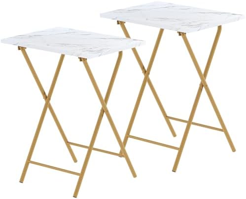Folding TV Tray Table Set of 2, Portable Foldable TV Dinner Tray, Space-Saving Snack Serving Sofa Side Table, Easy to Fold Stable TV Trays for Living Room, Bedroom, Small Spaces (White Marble + Gold) by Adompacat