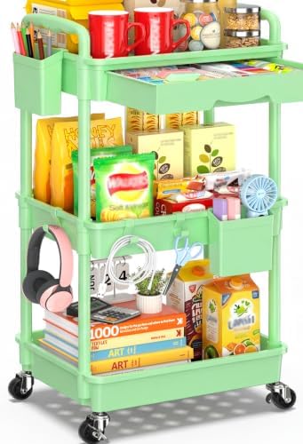 SUNALLY 3 Tier Rolling Cart with Drawer, Craft Storage Cart Organizer,Green by SUNALLY