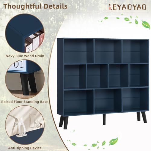 LEYAOYAO 10 Cube Bookshelf,Mid-Century Modern Bookcase with Legs,Dark Blue - Image 4