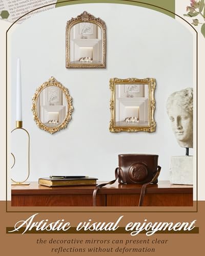 Wonderjune 3 Pcs Vintage Gold Mirror Set Wall Decorative, 8-15in Vintage Wall Mirror Hanging Antique Hanging with Stand for Living Room Home Wedding Decor(Retro Mixed Style, 12in/10in/8in) - Image 5
