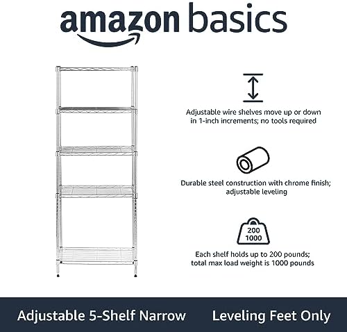 Amazon Basics 5-Shelf Adjustable Storage Shelving Unit for Garage, Steel Wire Rack, 200 Pound Loading Capacity per Shelf, 23.2" x 13.4" x 60", Chrome Finish - Image 4