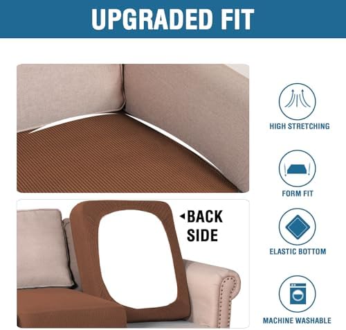 H.VERSAILTEX Super Stretch Individual Seat Cushion Covers - Sofa & Couch Cushion Slipcover Sets - Thick Jacquard Textured Twill Fabric (3 Piece, Caramel) - Image 5