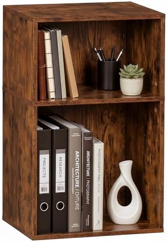 YAHARBO 2 Cube Bookshelf, Brown Record Player Stand with Vinyl Storage Up to 100 Albums, Horizontal Book Shelf, Small Cubby Bookcase with Storage Organizer, Turntable Stand for Living Room, Bedroom by YAHARBO