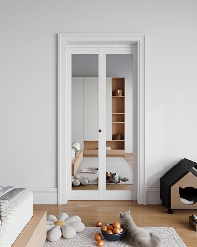 Bifold Doors for 24" x 80" Opening, 1-Lite Mirror Bifold Closet Doors with Sliding Hardware Kit Set, HD Mirror Bifold Panels for Interior Closet, Pantry, White & Easy Install by Unknown
