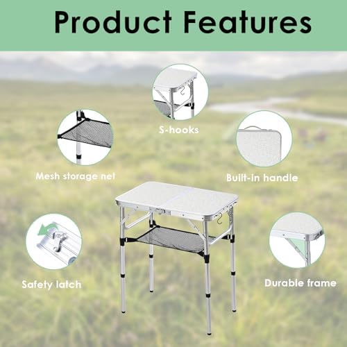 Small Folding Camping Table, 2ft Portable Table Adjustable Height - Image 4