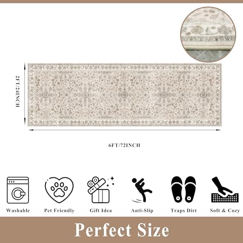 2x6 Washable Kitchen Runner Rug – Boho Vintage Non-Slip Carpet Runner for Hallway, Entryway, Bedroom & Bathroom – Soft Low-Pile Thin Area Rug with Rubber Backing (Beige,2x6) - Image 2