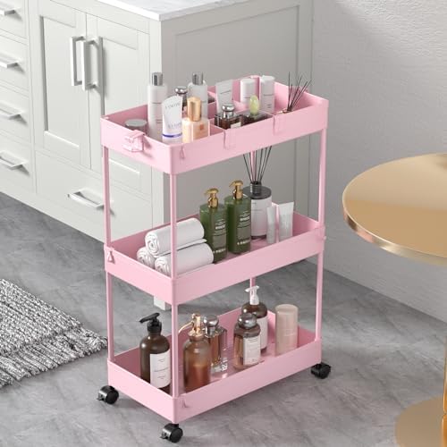 SPACELEAD 3 Tier Rolling Cart with Wheels, Storage Craft Art Trolley Organizer Serving, 3 Hanging Baskets Easy Assembly, for Office, Living Room, Kitchen, Pink by Home