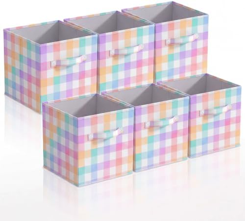 Chunful 6 Pcs 11 Inch Fabric Cube Storage Bin Collapsible, Rainbow Plaid by Chunful