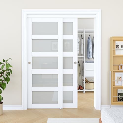 Sliding Closet Door 60"x80", 5 Lite Frosted Glass Door, Need to Assemble by AINLARRY