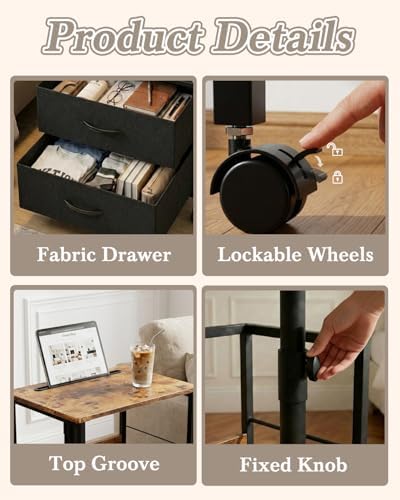Faesun Swivel Lift Top Nightstand with Charging Station, Rolling Side Table for Recliner, Bedside Table with Wheels & 2 Fabric Drawers, for Small Spaces, for Bedroom, Living Room, Brown Black - Image 6