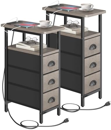 shtmec Narrow End Table Set of 2 with Charging Station, Side Tables Set 2 with Fabric Drawers, Small Bedside Tables Nightstands for Small Space, Slim Sofa Couch Table for Livingroom, Grey by Unknown