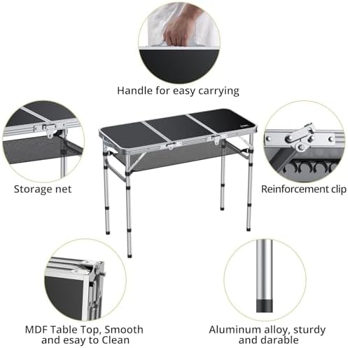 Anbte 3ft Folding Camping Table, 3 Adjustable Height Max 27.5", Black - Image 4